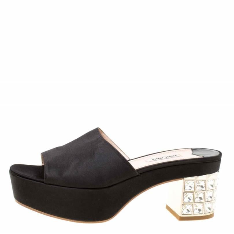 Miu Miu Black Satin Crystal Embellished Block Heel Slide Sandals Size 39 1