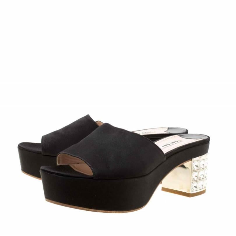 Miu Miu Black Satin Crystal Embellished Block Heel Slide Sandals Size 39 3