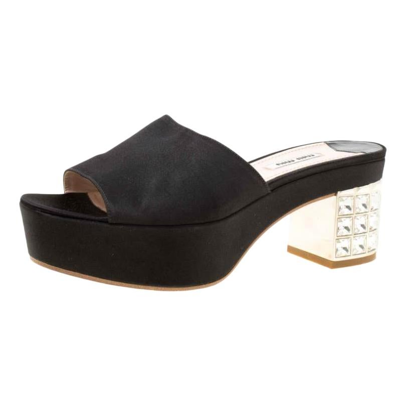 Miu Miu Black Satin Crystal Embellished Block Heel Slide Sandals Size 39