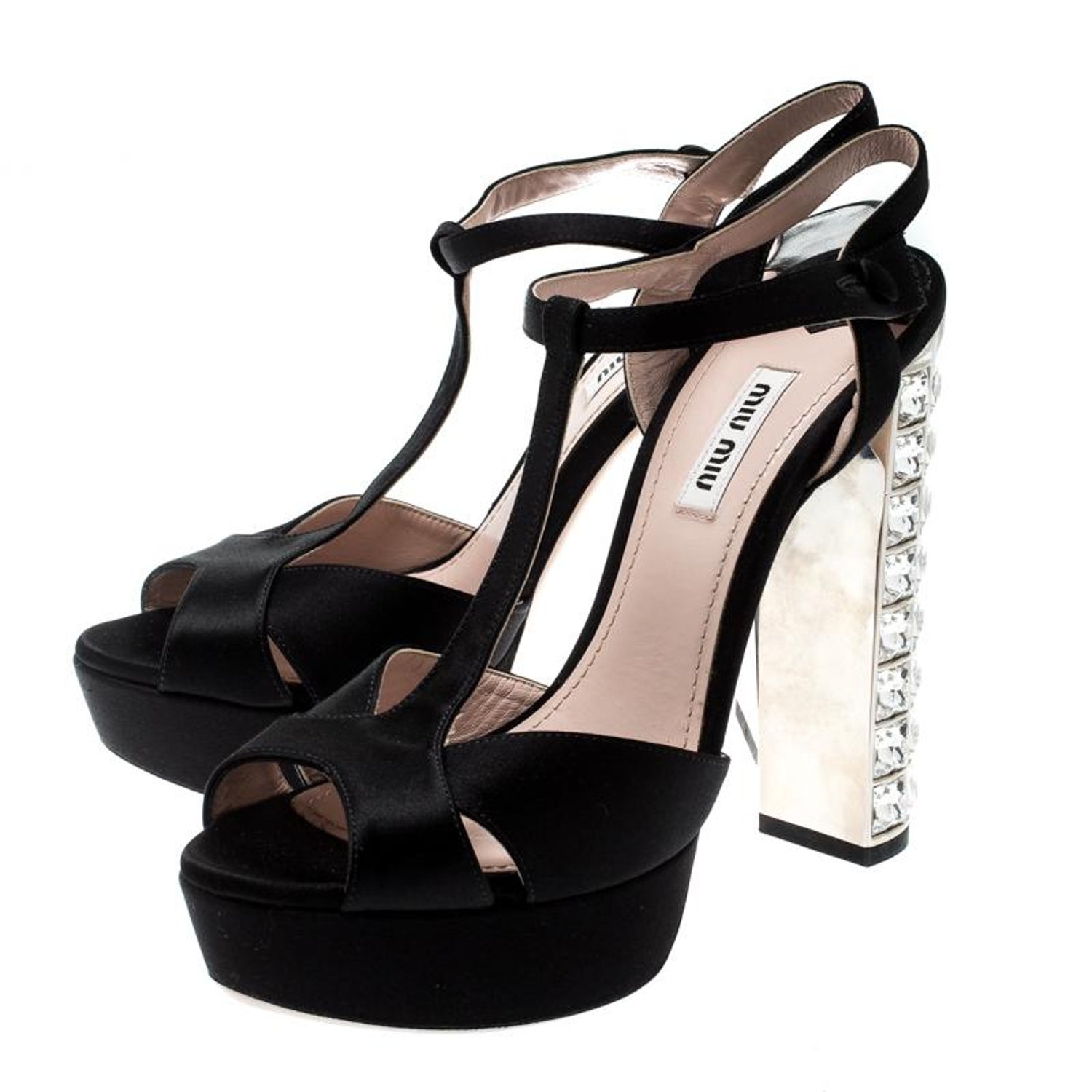 Miu Miu Black Satin Crystal Embellished Heel T Strap Platform Sandals Size  38.5 For Sale at 1stDibs
