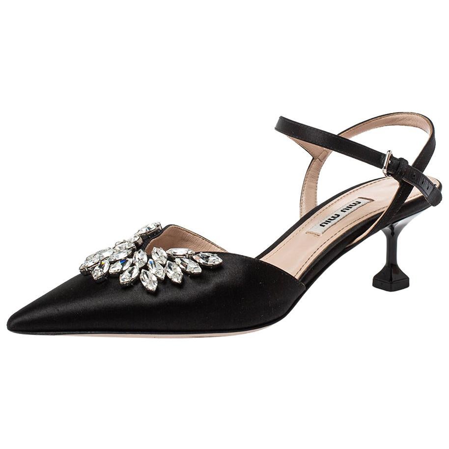Miu Miu Black Satin Crystal Embellished Kitten Heel Ankle Strap Sandals Size 37
