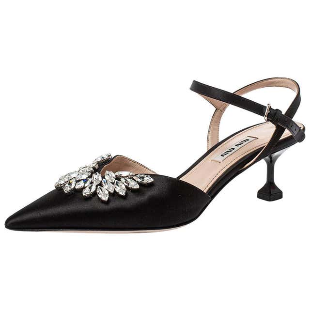 Miu Miu Black Satin Crystal Embellished Kitten Heel Ankle Strap Sandals ...