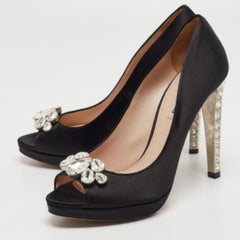 Miu Miu Black Satin Crystal Embellished Open Toe Pumps Size 40.5