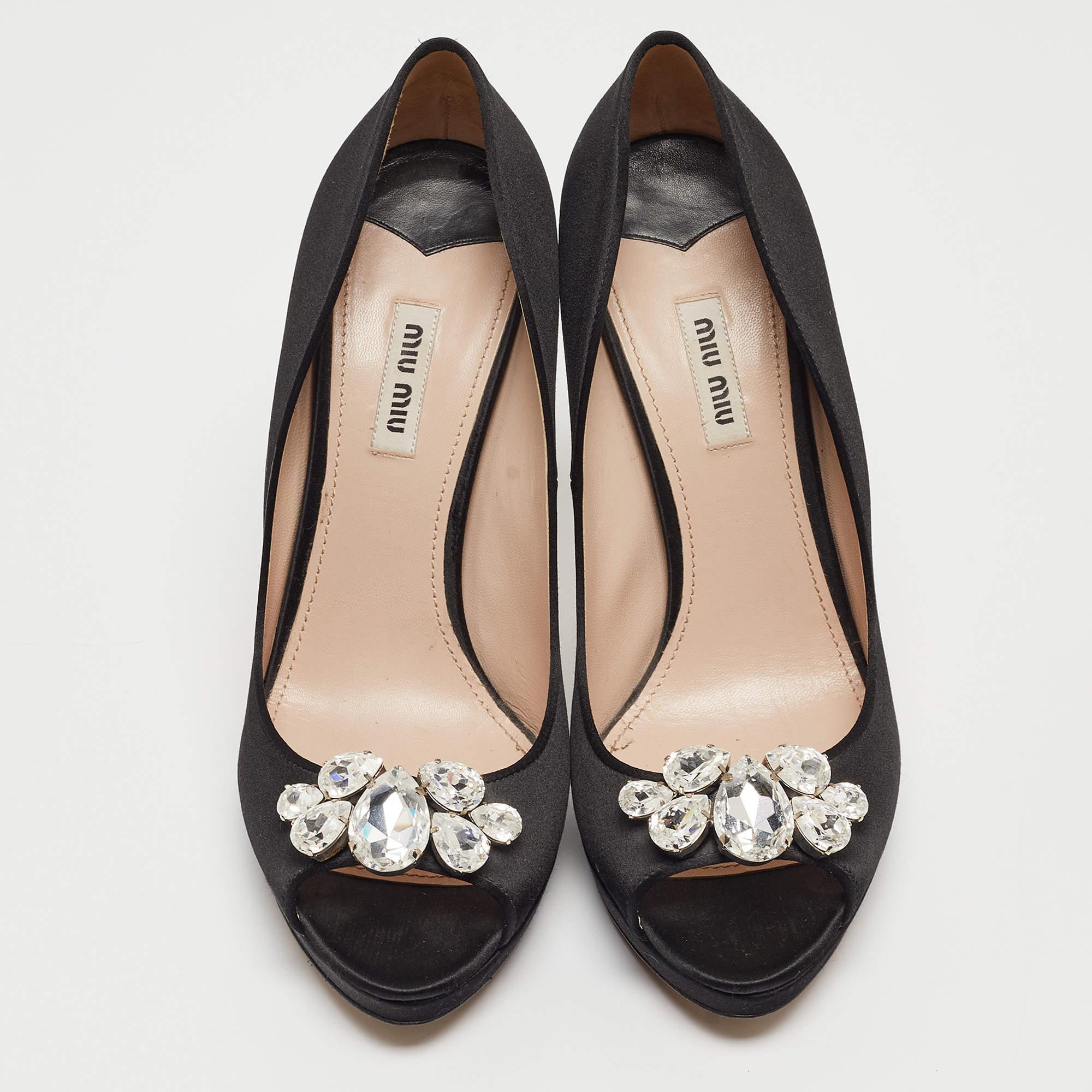 Miu Miu Black Satin Crystal Embellished Open Toe Pumps Size 40.5 In Fair Condition In Dubai, Al Qouz 2