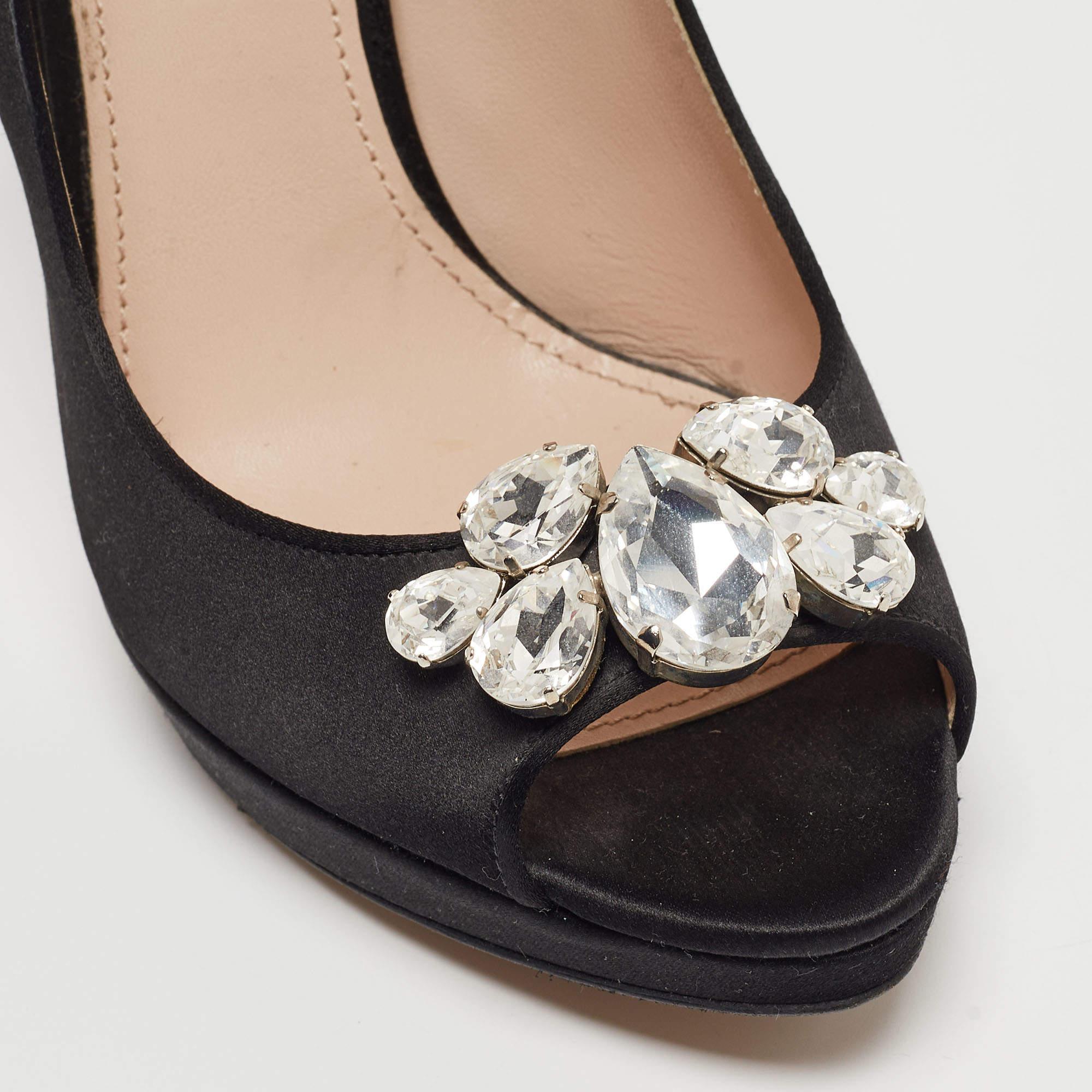 Miu Miu Black Satin Crystal Embellished Open Toe Pumps Size 40.5 3