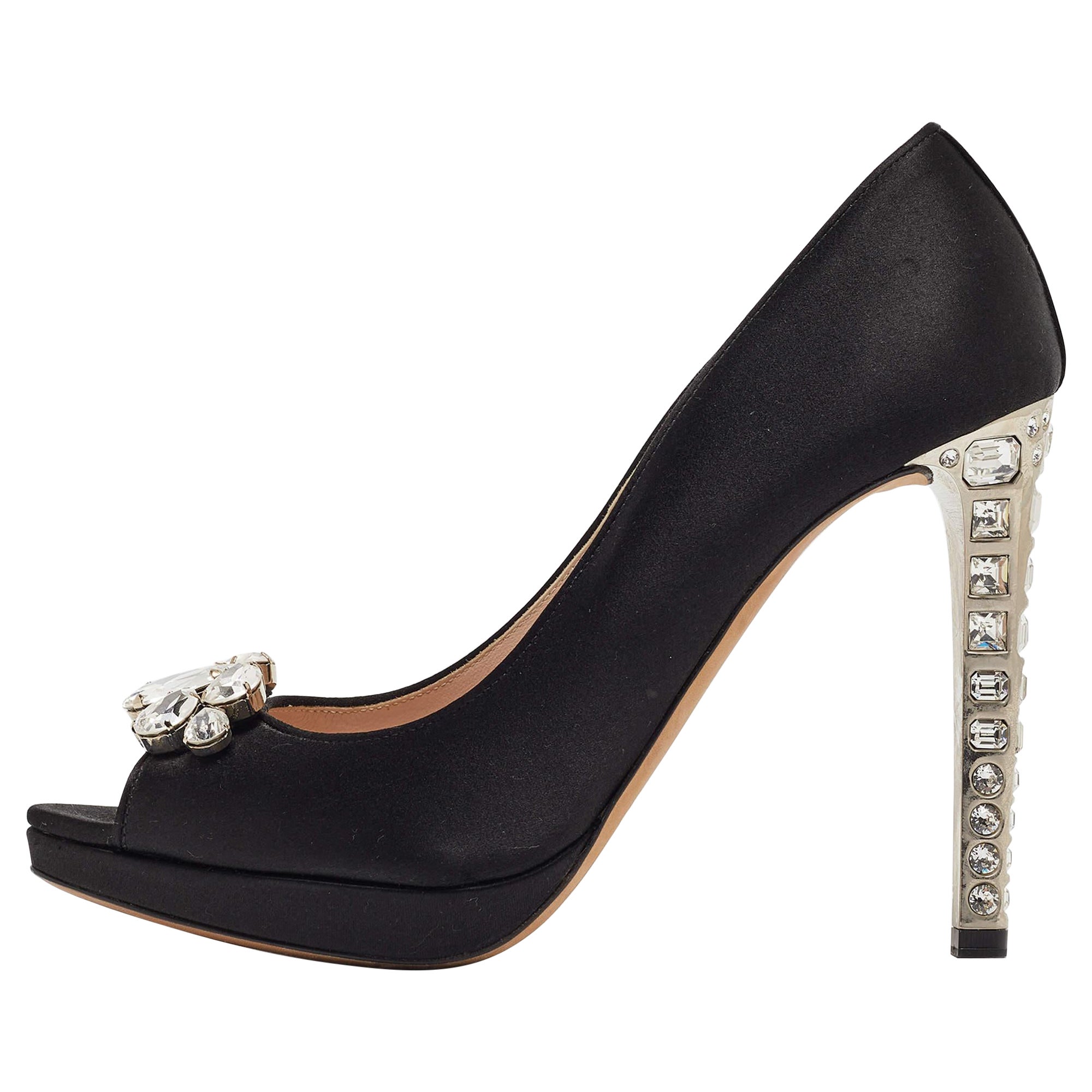 Miu Miu Black Satin Crystal Embellished Open Toe Pumps Size 40.5