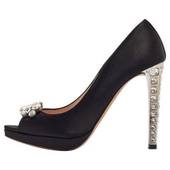 Miu Miu Black Satin Crystal Embellished Open Toe Pumps Size 40.5