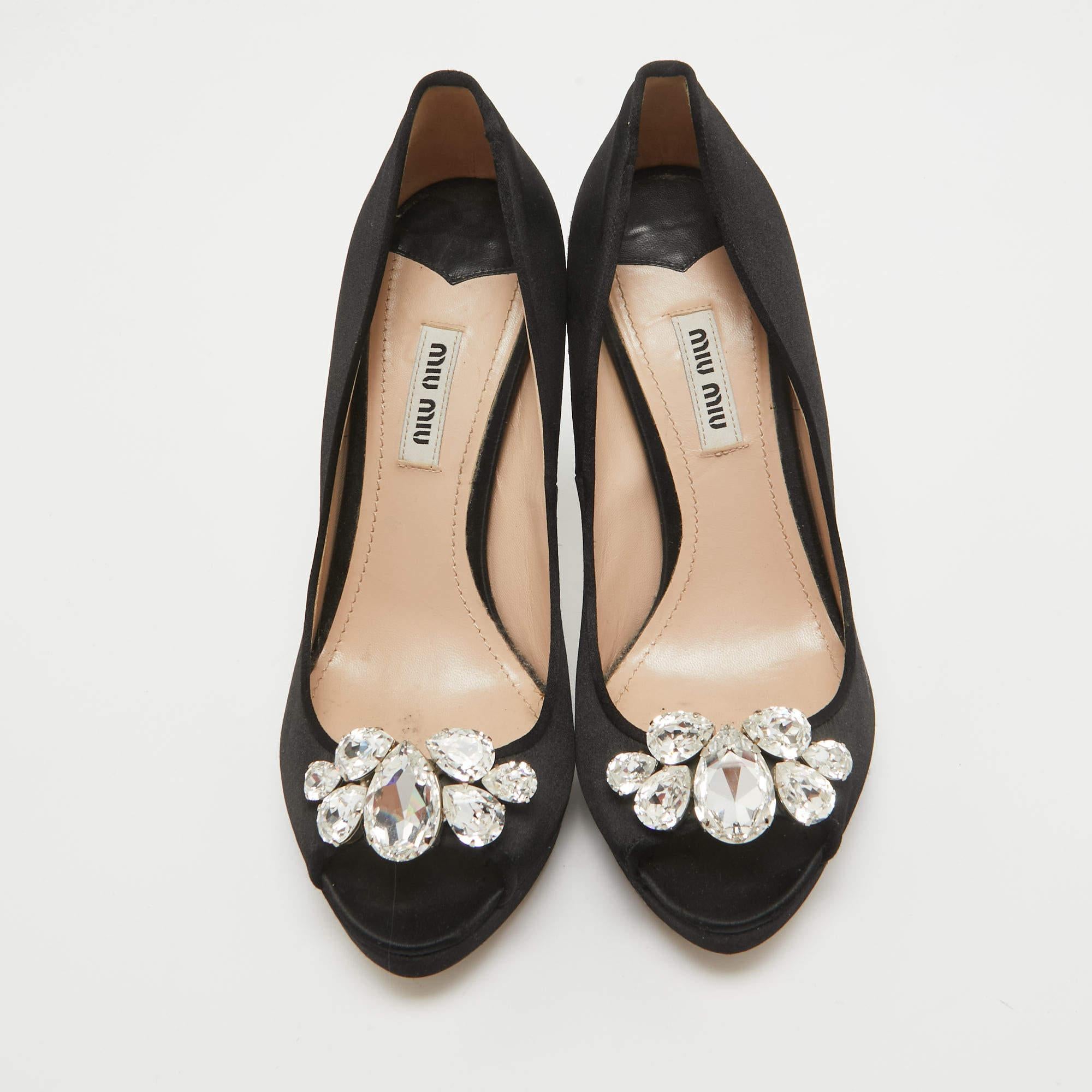 Miu Miu Black Satin Crystal Embellished Peep Toe Platform Pumps Size 37.5 In Good Condition In Dubai, Al Qouz 2