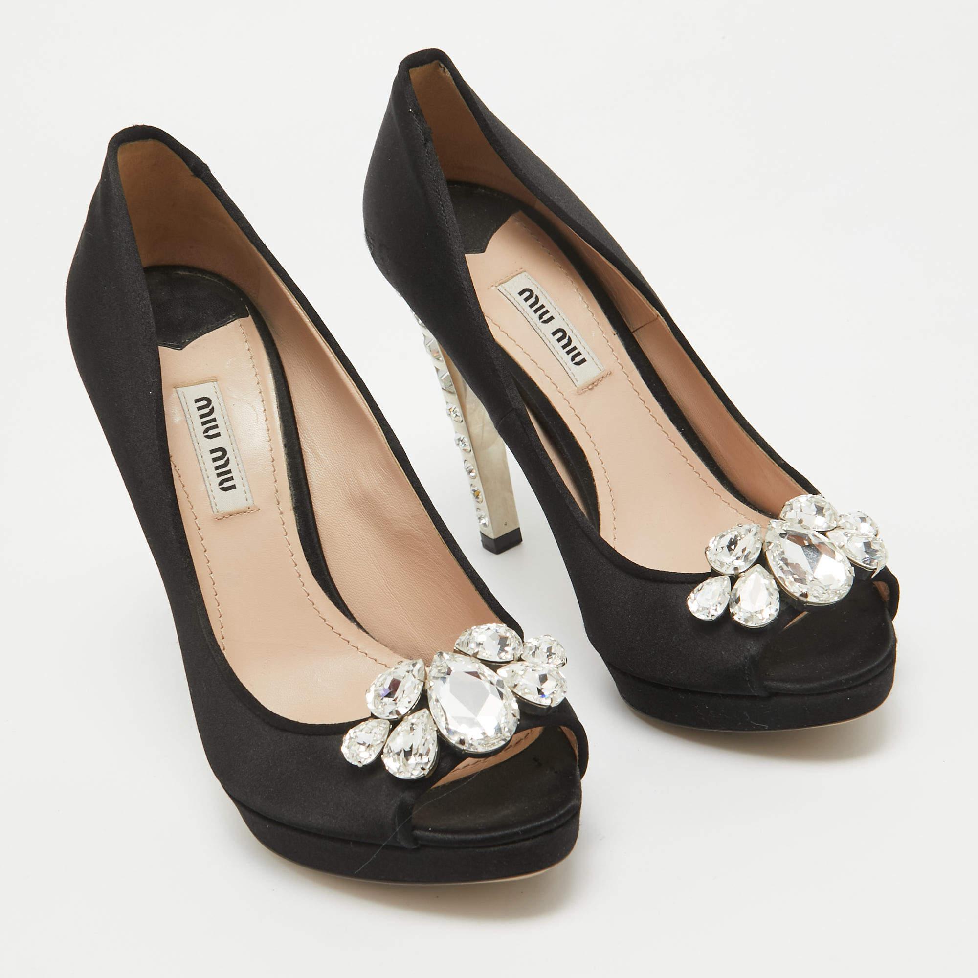 Women's Miu Miu Black Satin Crystal Embellished Peep Toe Platform Pumps Size 37.5