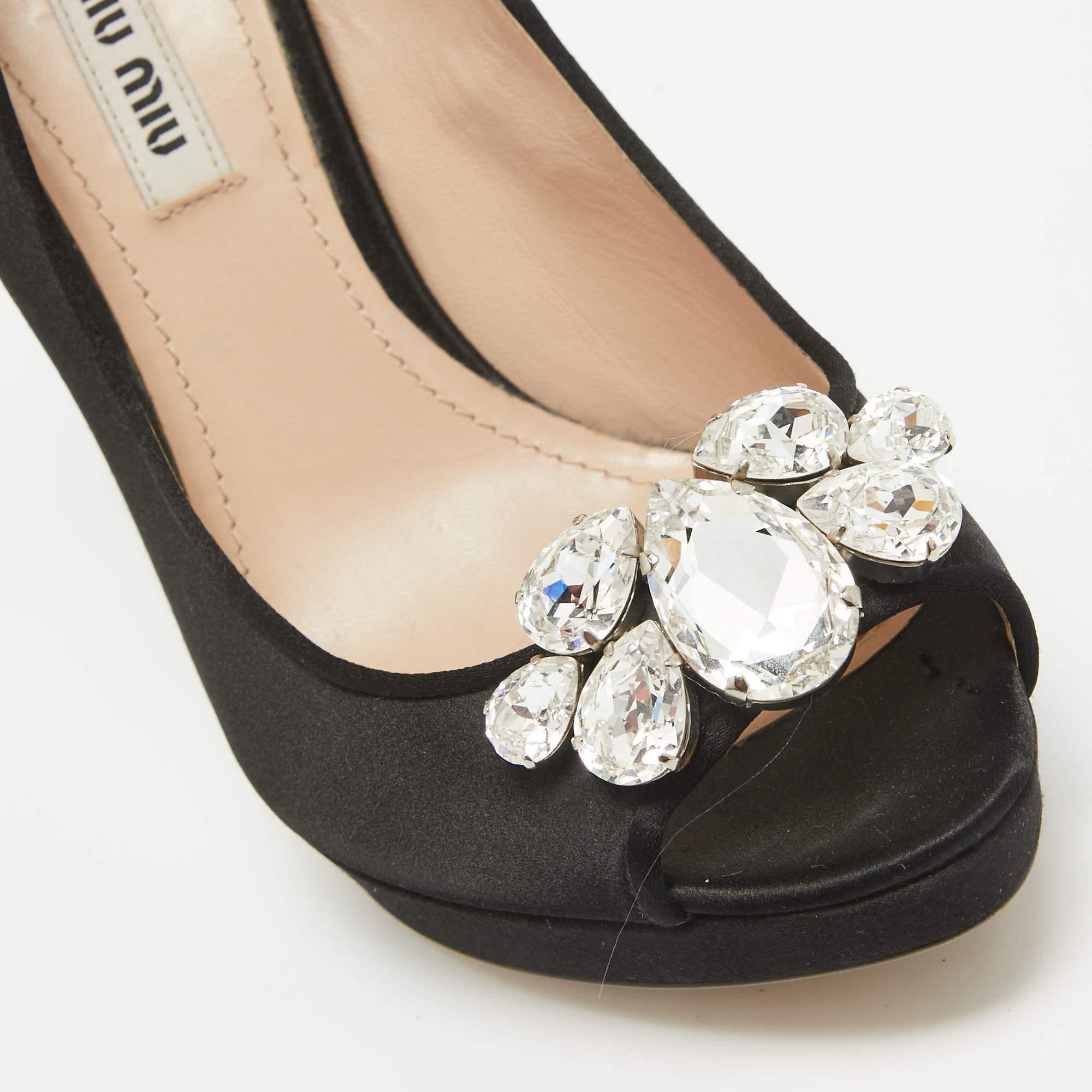 Miu Miu Black Satin Crystal Embellished Peep Toe Platform Pumps Size 37.5 2