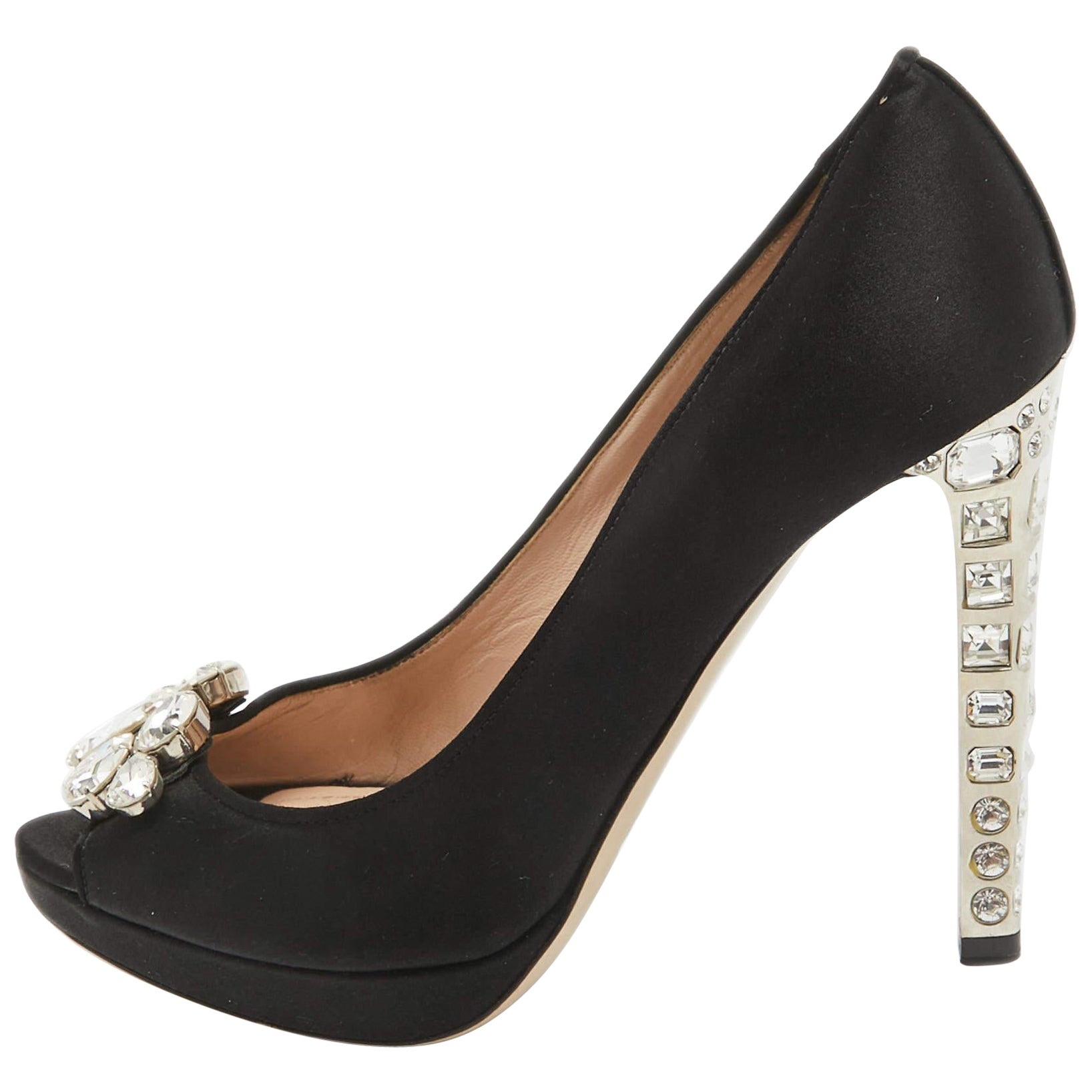 Miu Miu Black Satin Crystal Embellished Peep Toe Platform Pumps Size 37.5