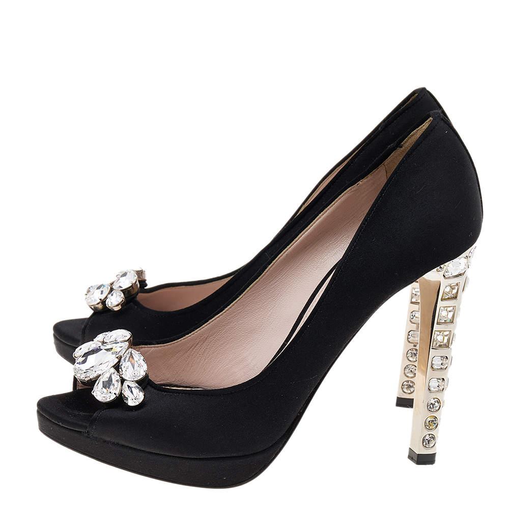 Women's Miu Miu Black Satin Crystal Embellished Peep Toe Pumps Size 37.5