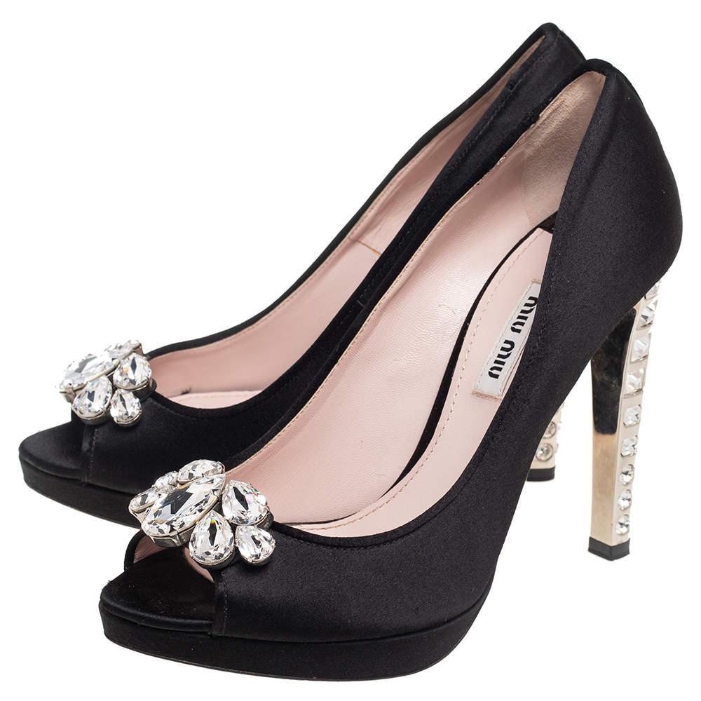 Women's Miu Miu Black Satin Crystal Embellished Peep Toe Pumps Size 37.5