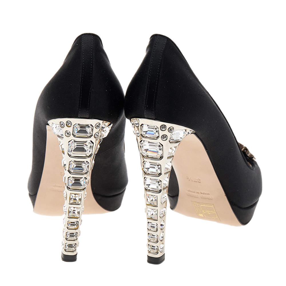 Miu Miu Black Satin Crystal Embellished Peep Toe Pumps Size 37.5 1