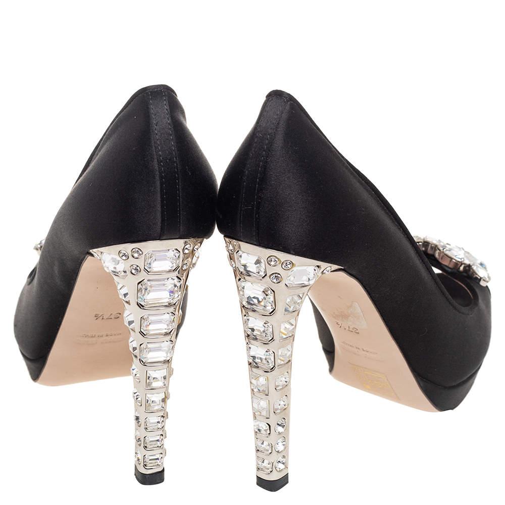 Miu Miu Black Satin Crystal Embellished Peep Toe Pumps Size 37.5 1