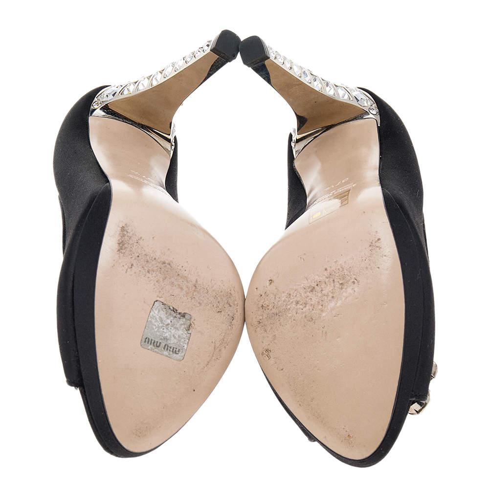 Miu Miu Black Satin Crystal Embellished Peep Toe Pumps Size 37.5 2