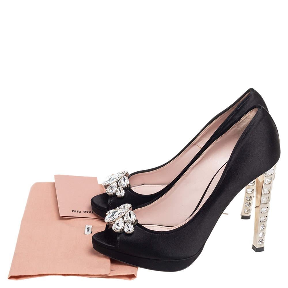 Miu Miu Black Satin Crystal Embellished Peep Toe Pumps Size 37.5 4