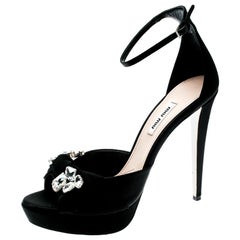 Miu Miu Black Satin Crystal Embellished Ribbon platform Sandals Size 39