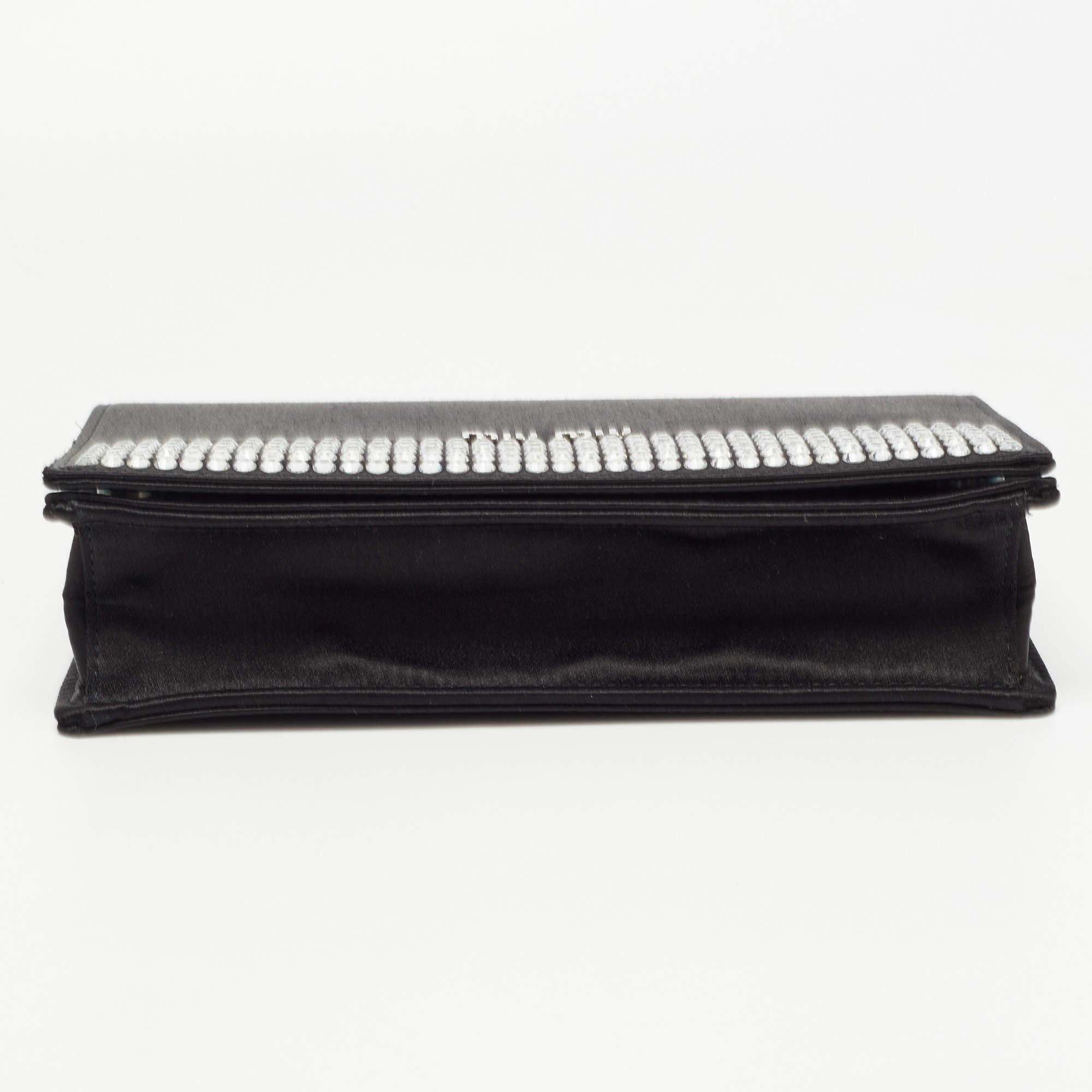 Miu Miu Black Satin Crystals Embellished Flap Clutch Bag In Good Condition In Dubai, Al Qouz 2