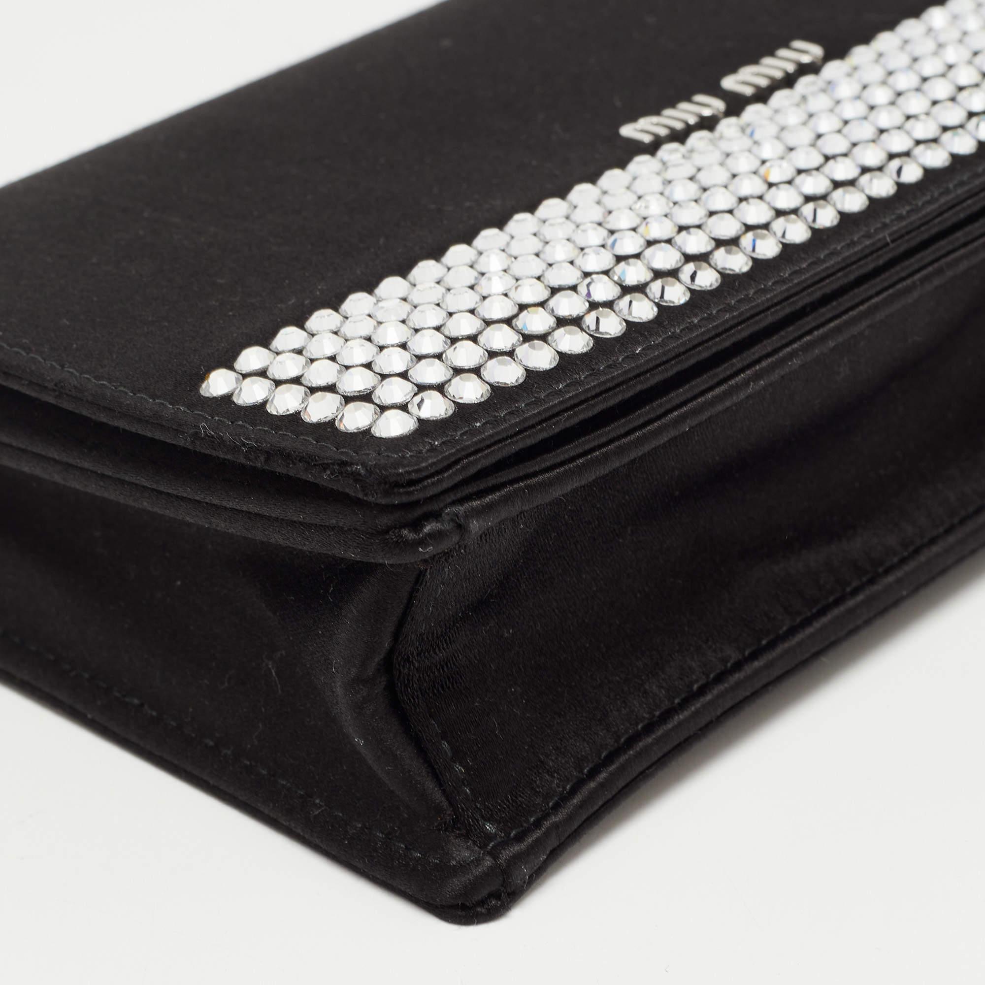 Miu Miu Black Satin Crystals Embellished Flap Clutch Bag 2