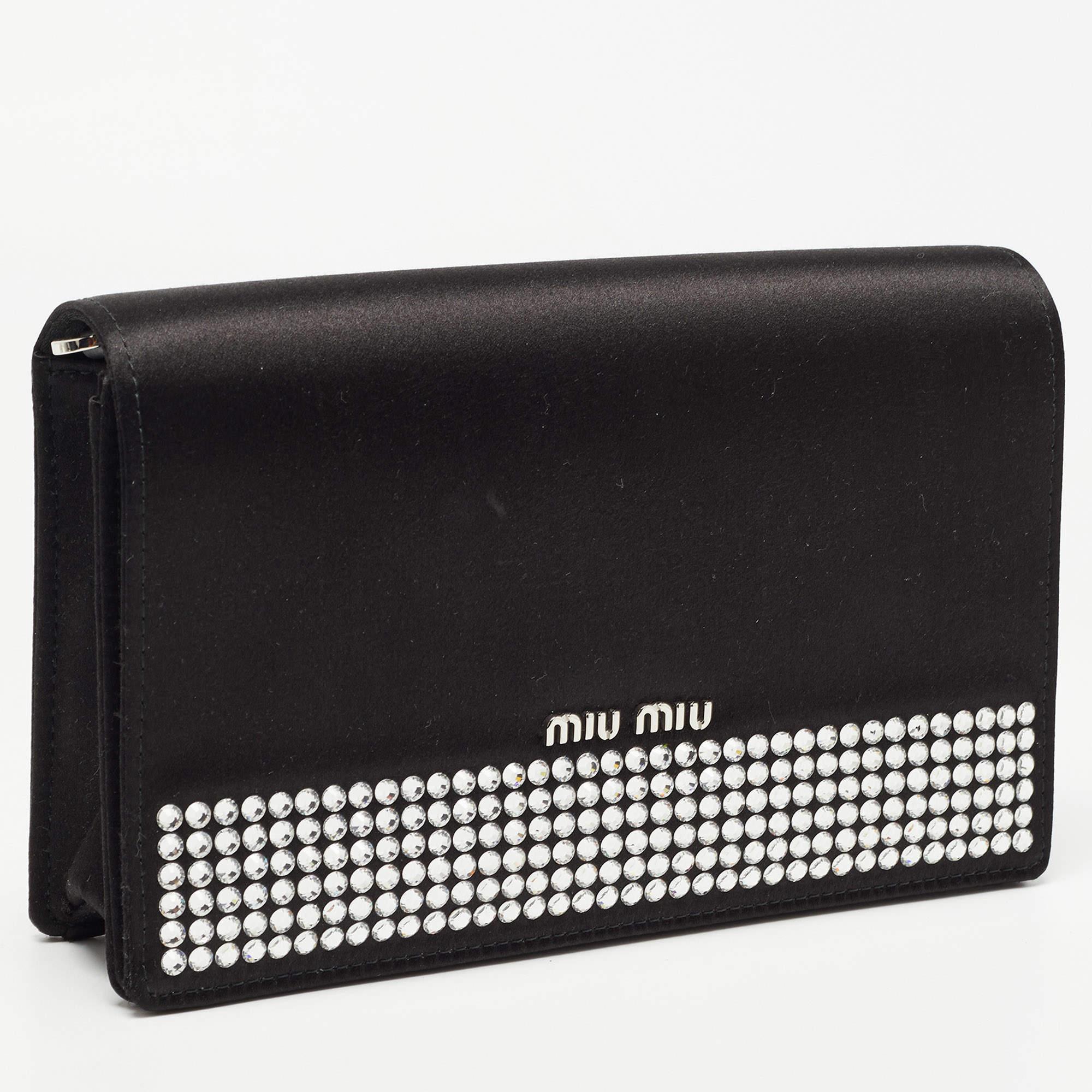 Miu Miu Black Satin Crystals Embellished Flap Clutch Bag 3