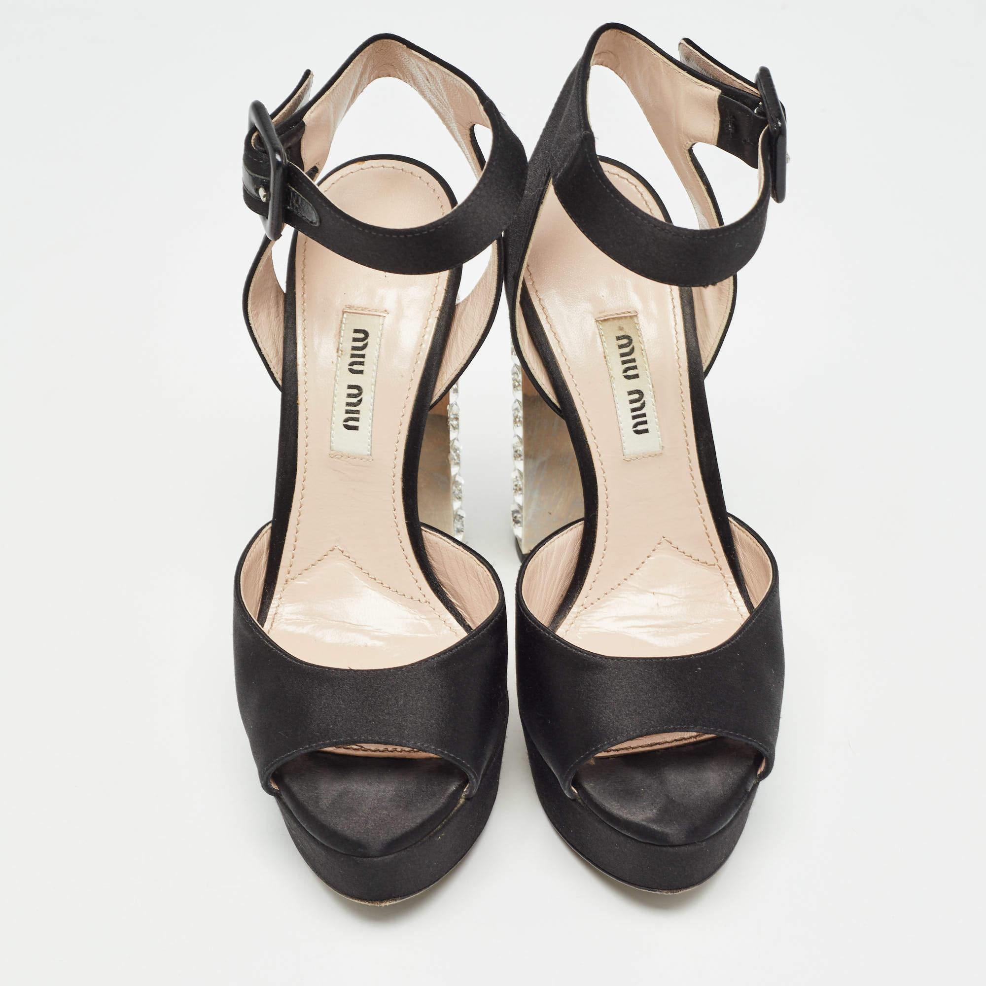 Miu Miu Black Satin Embellished Block Heel Platform Sandals Size 35.5 In Good Condition In Dubai, Al Qouz 2