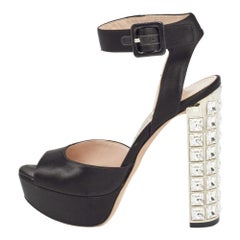 Miu Miu Black Satin Embellished Block Heel Platform Sandals Size 35.5