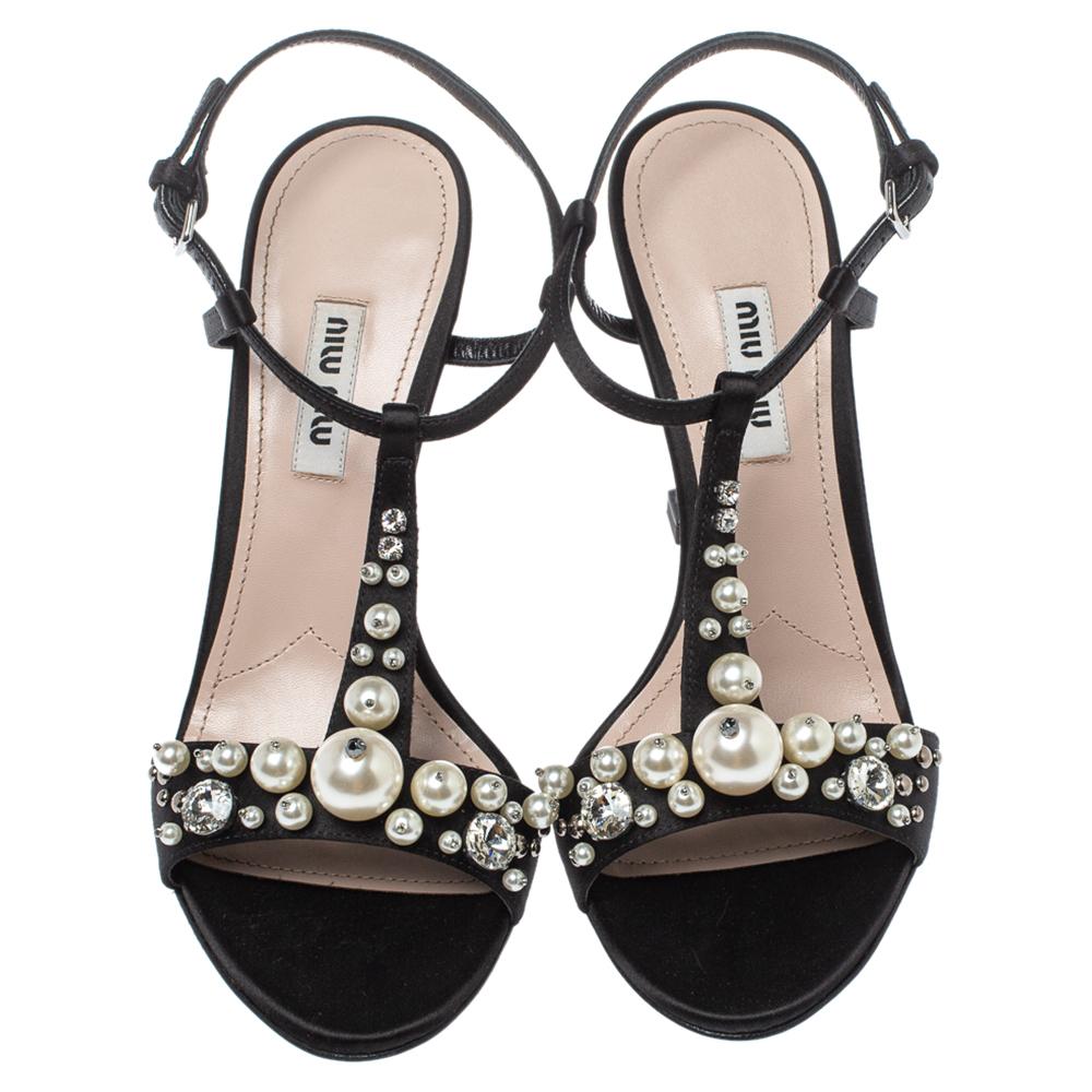 Women's Miu Miu Black Satin Embellished T-strap Sandal Size 37