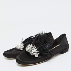 Miu Miu Black Satin Feather Crystal Embellished Smoking Slippers Size 38.5