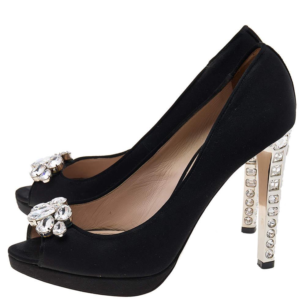 Women's Miu Miu Black Satin Jewel Embellished Peep Toe Platform Pumps Size 39.5