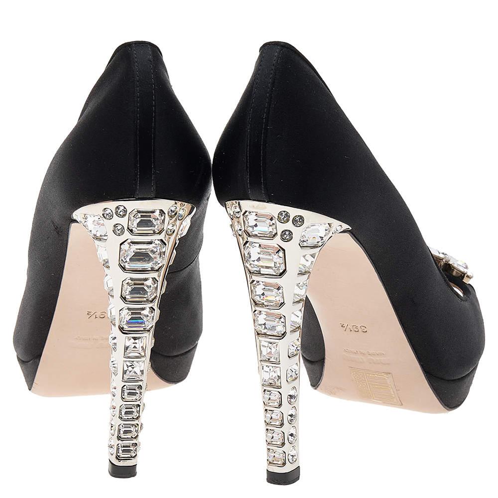 Miu Miu Black Satin Jewel Embellished Peep Toe Platform Pumps Size 39.5 1