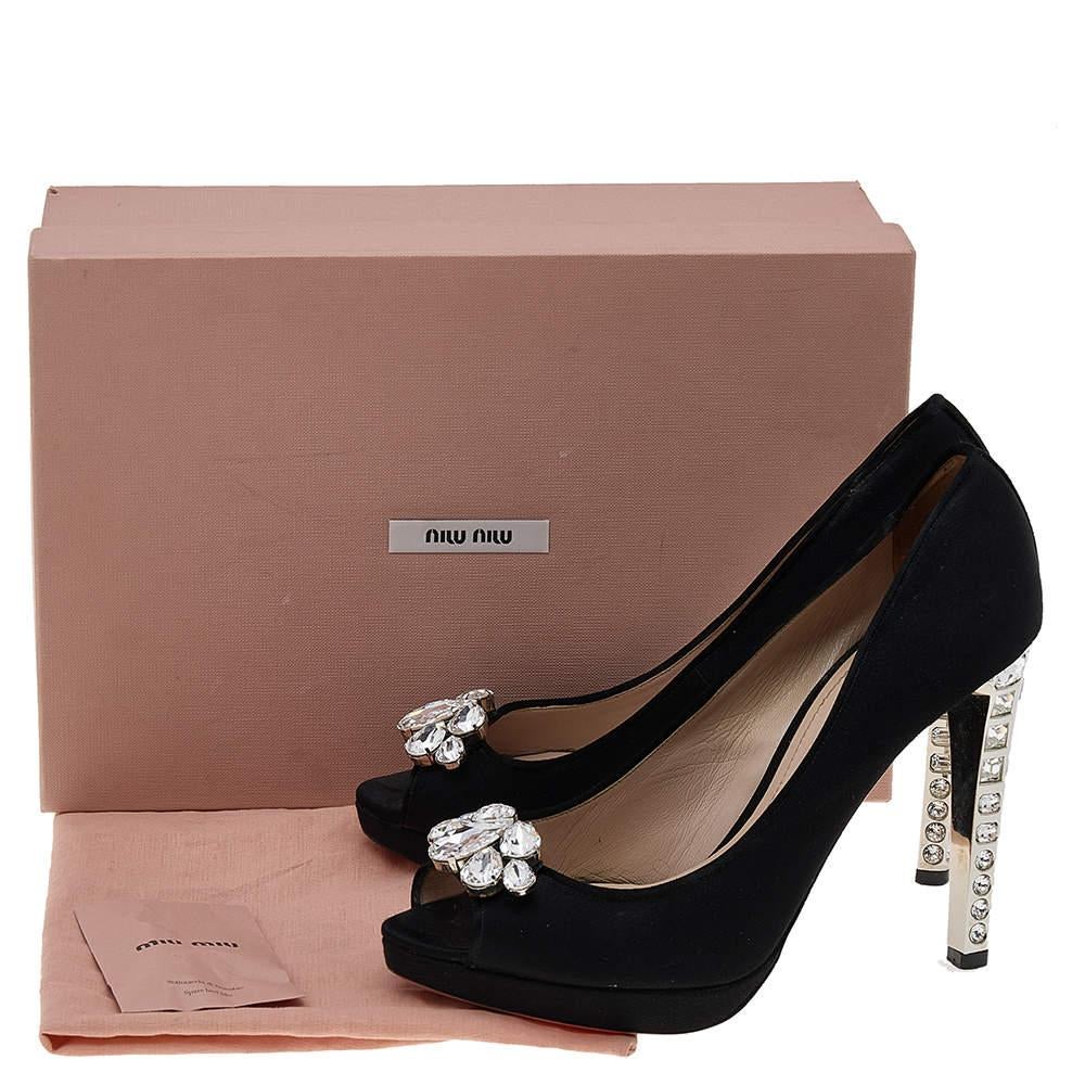 Miu Miu Black Satin Jewel Embellished Peep Toe Platform Pumps Size 39.5 4
