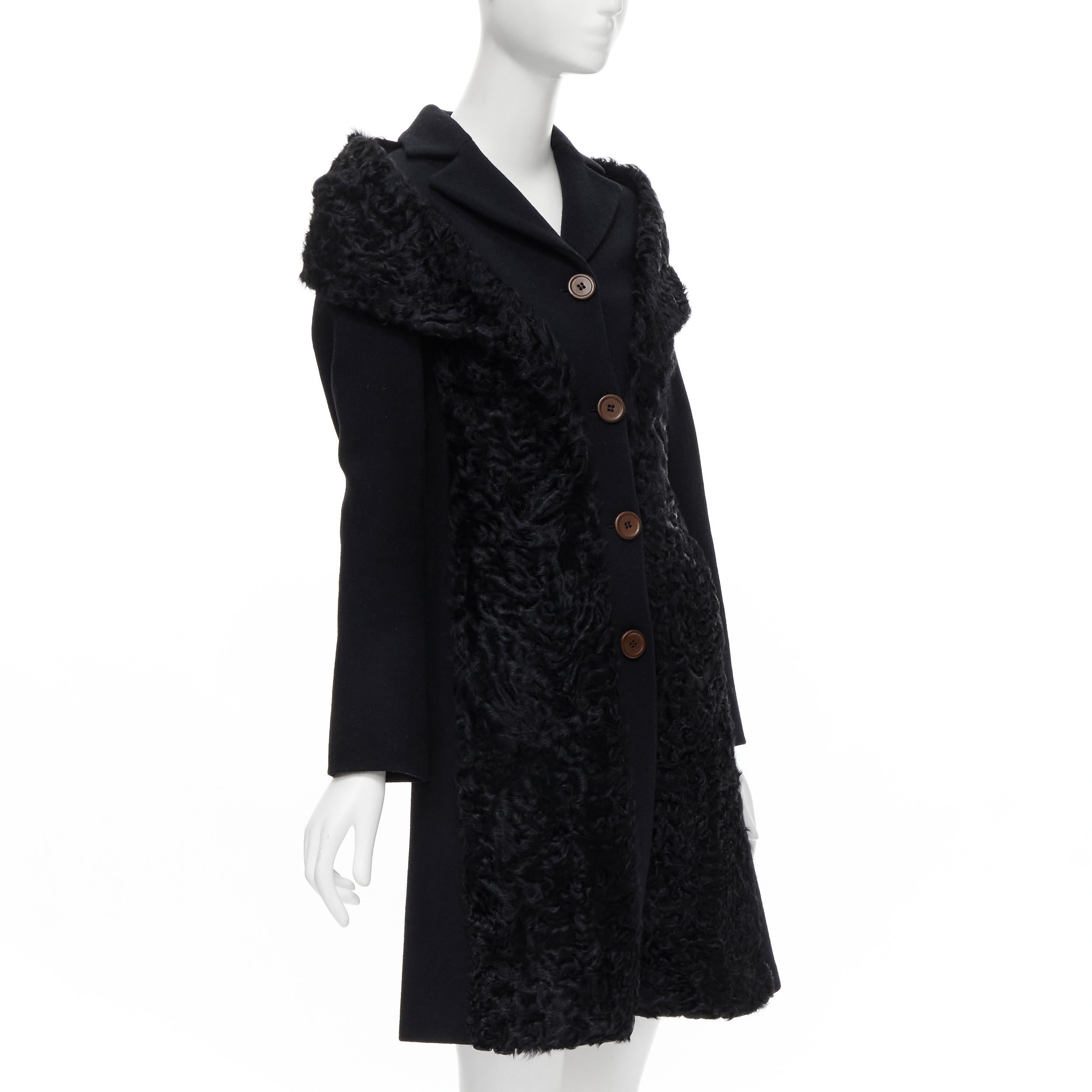 Black MIU MIU black shearling attached fur shawl long wool coat IT38 XS