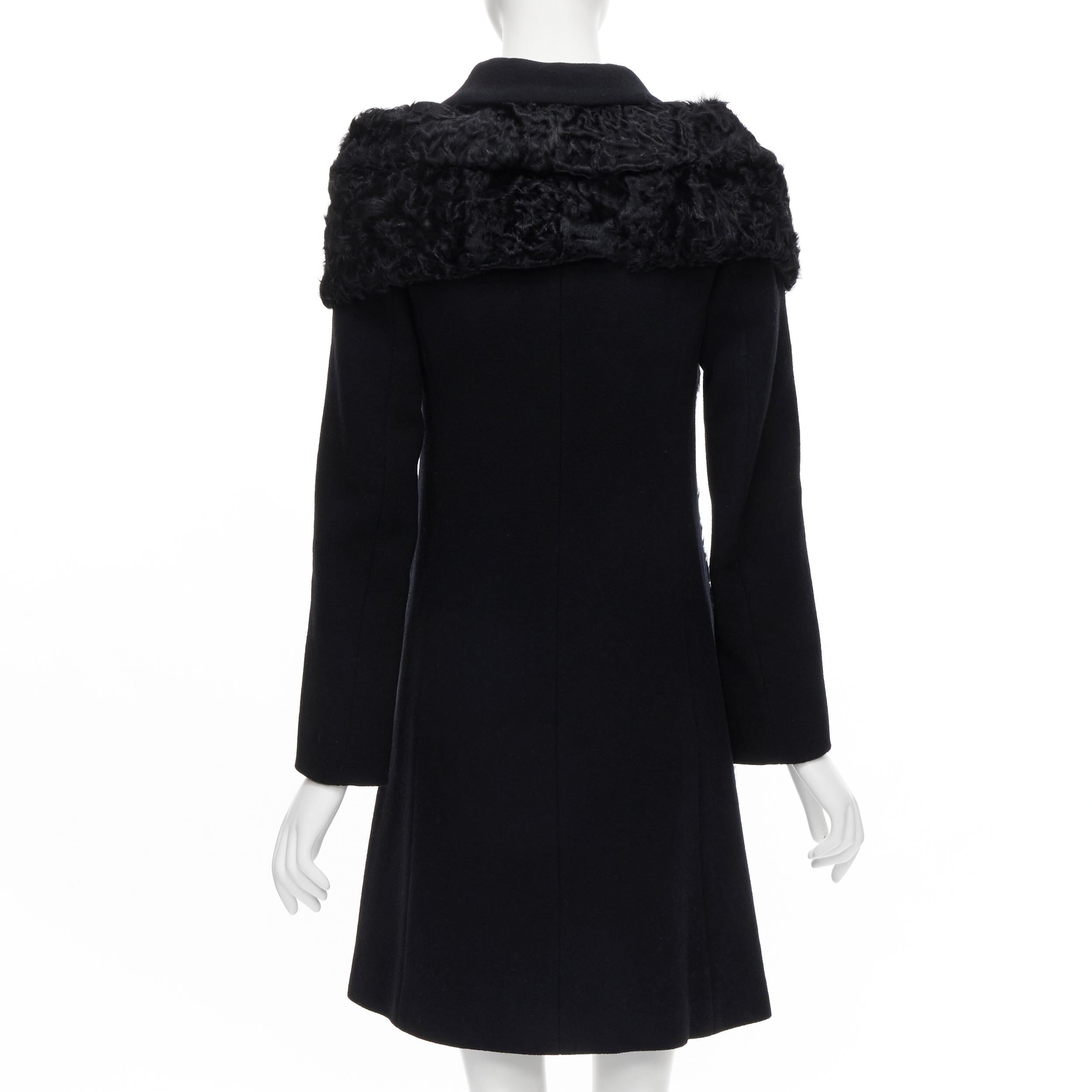 Women's MIU MIU black shearling attached fur shawl long wool coat IT38 XS