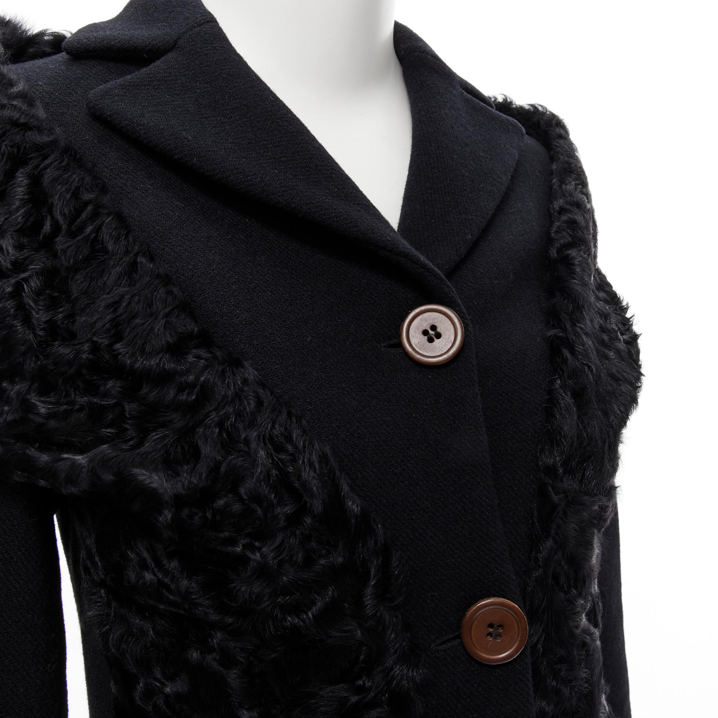 MIU MIU black shearling attached fur shawl long wool coat IT38 XS 1