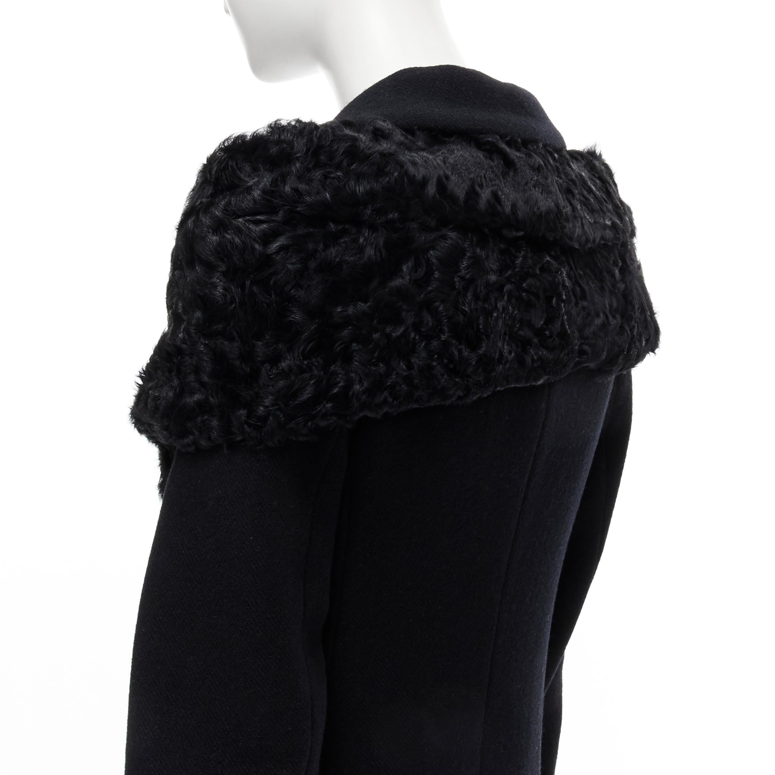 MIU MIU black shearling attached fur shawl long wool coat IT38 XS 3