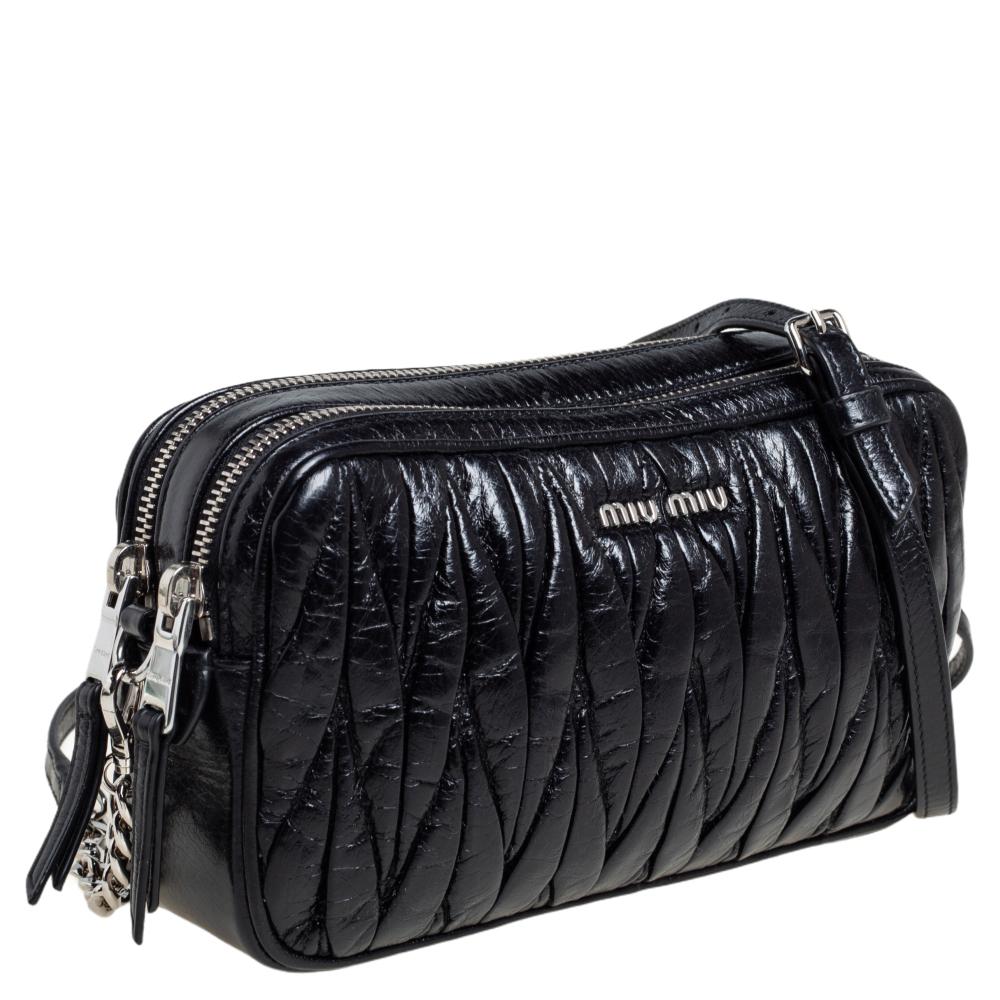 Women's Miu Miu Black Shine Matelasse Leather Double Zip Crossbody Bag