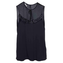 Miu Schwarzes ärmelloses Top aus Seidenkrepp und Tüll mit verziertem Detail M