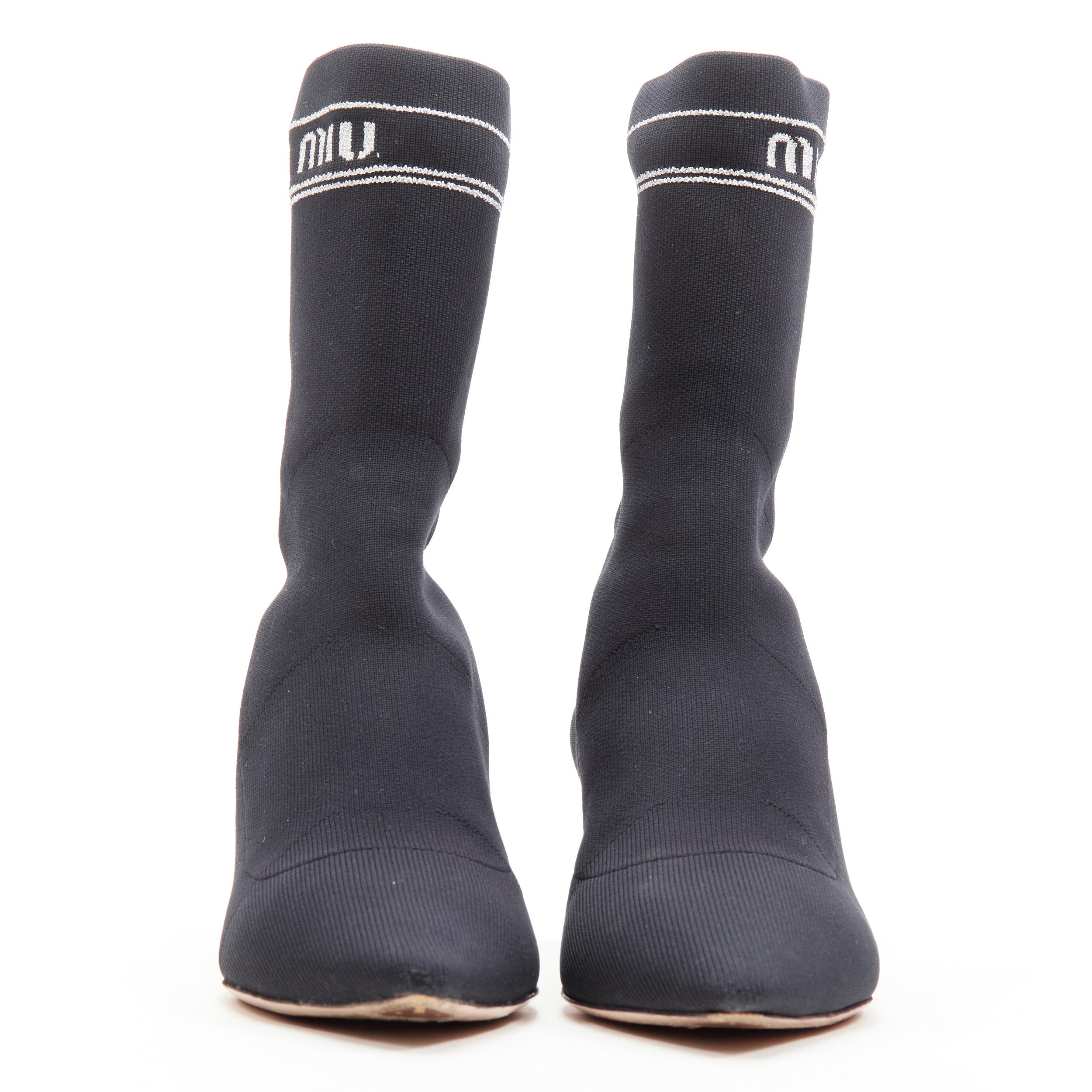 MIU MIU black silver logo sock knit point toe kitten heel bootie EU36.5 In Good Condition In Hong Kong, NT