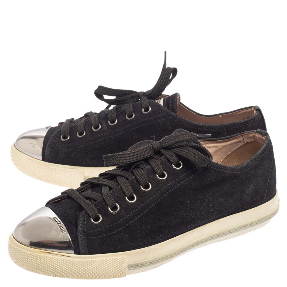 Women's Miu Miu Black/Silver Patent Leather Metal Cap Toe Sneakers Size 38