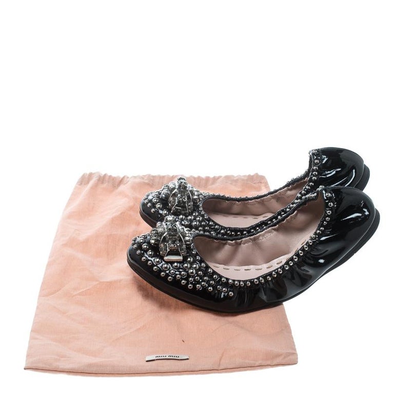 Miu Miu Black Studded Patent Leather Crystal Embellished Ballet Flats Size 37.5 For Sale at 1stDibs