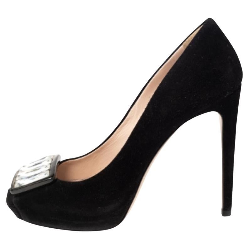 Miu Miu Black Suede Crystal Embellished Peep Toe Platform Pumps Size 37