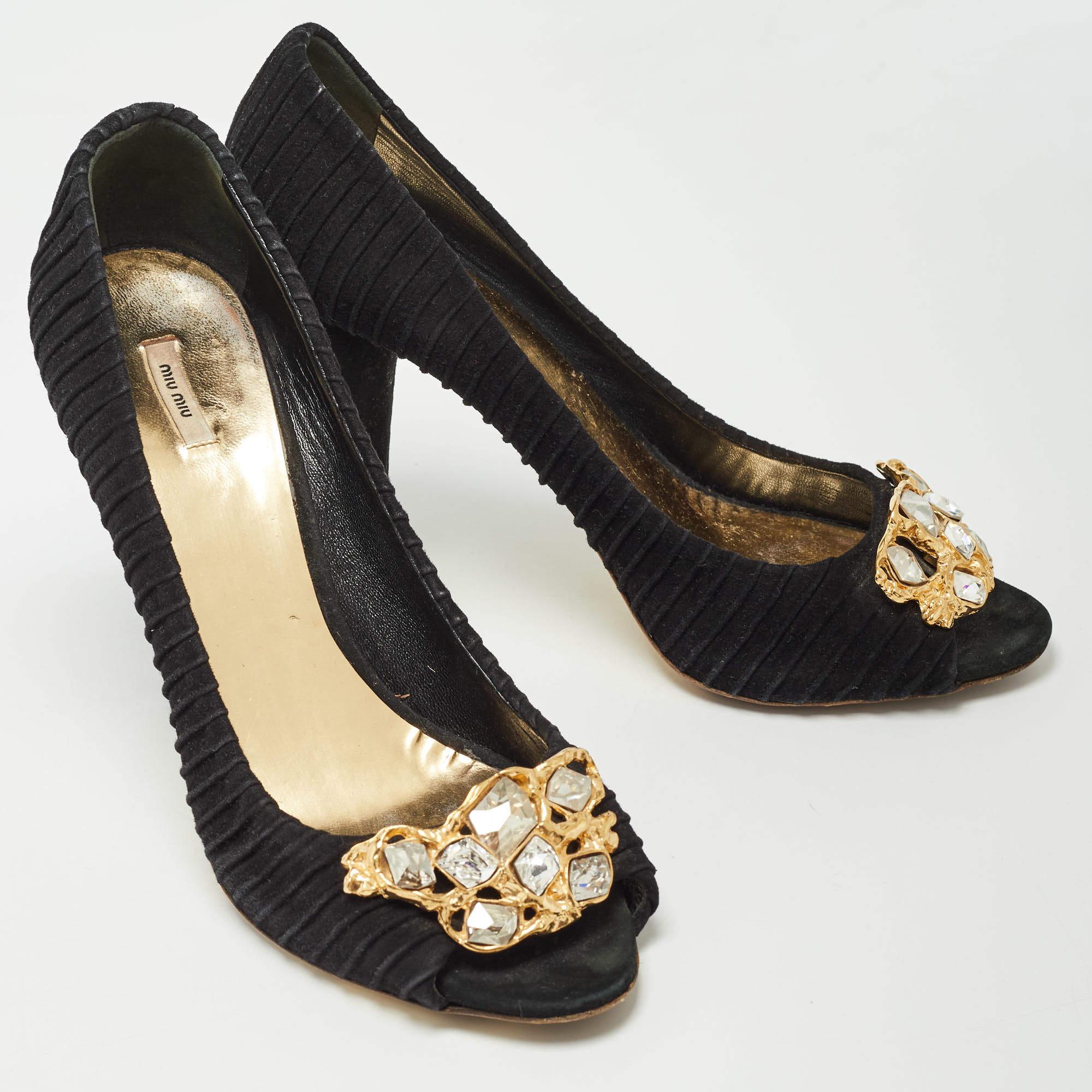 Women's Miu Miu Black Suede Crystals Embellishment Peep Toe Pumps Size 41 For Sale