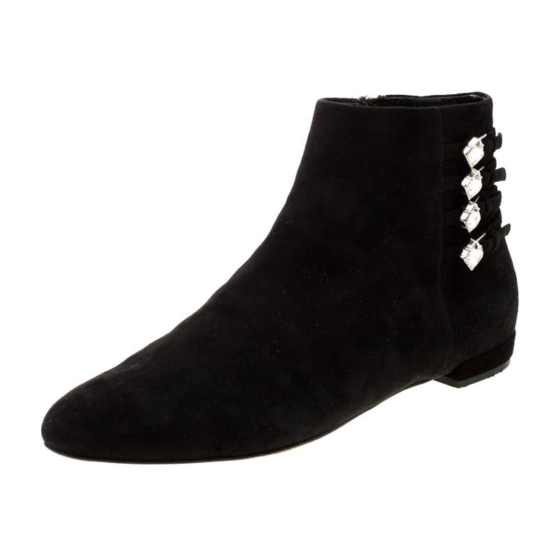 Miu Miu Black Suede Embellished Ankle Boots Size 38