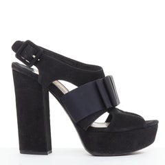 MIU MIU black suede grosgrain origami bow chunky platform heels EU35