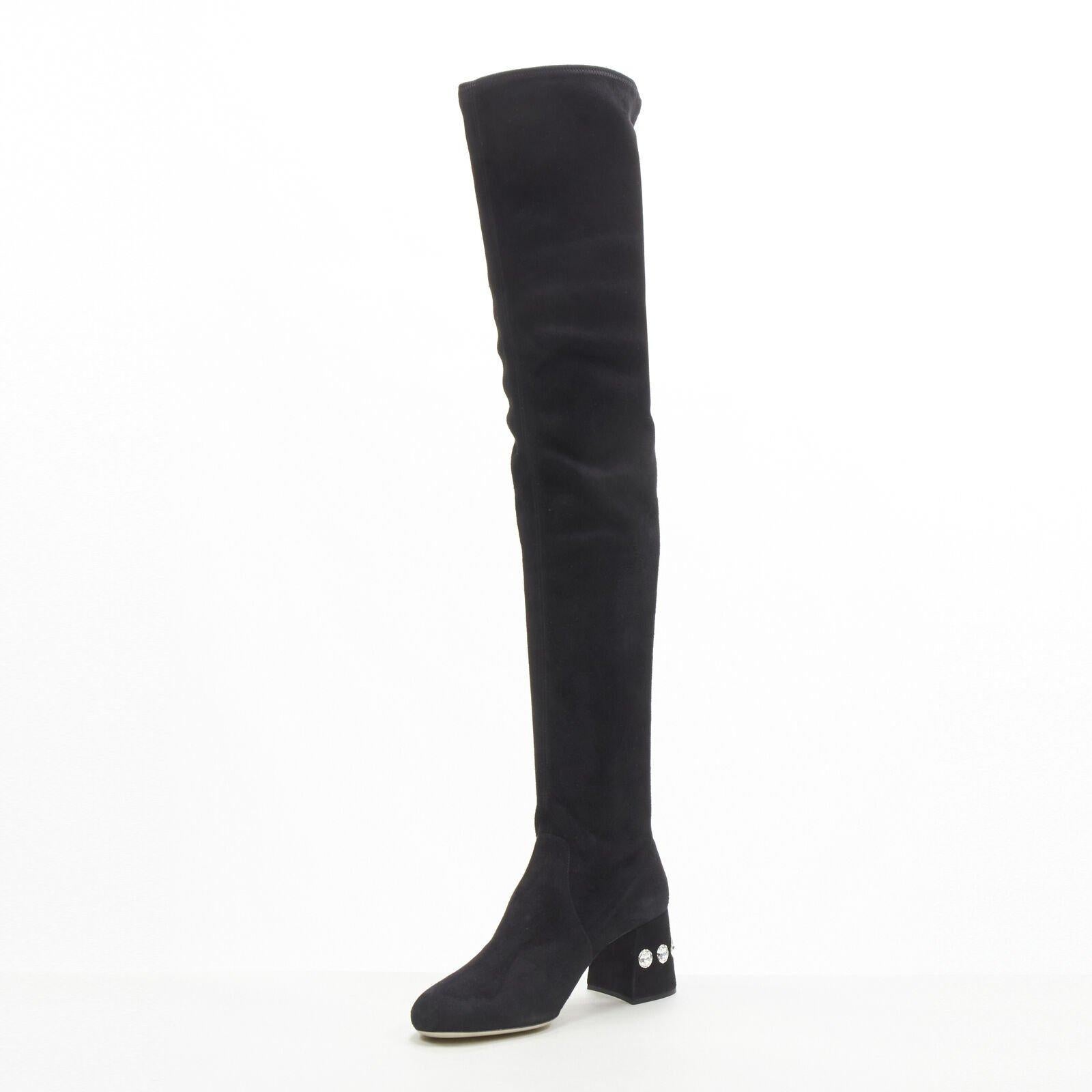 MIU MIU bottes à talon en daim noir ornées de cristaux et enfilées au dessus du genou EU37 Pour femmes en vente