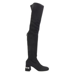MIU MIU black suede jewelled crystal heel pull on over knee boot EU37
