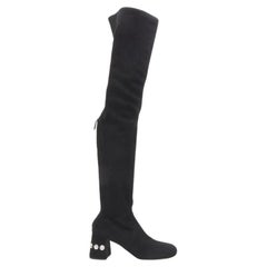 MIU MIU black suede jewelled crystal heel pull on over knee boot EU37
