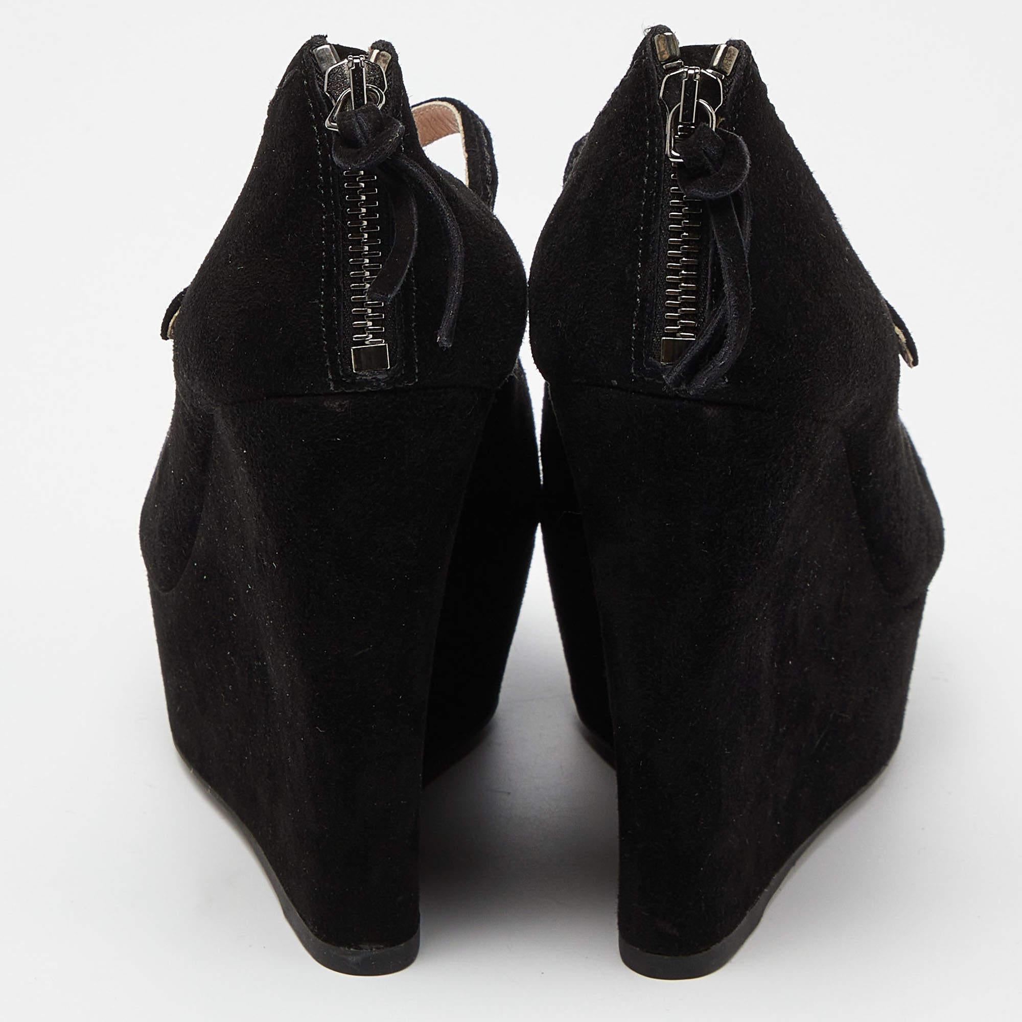 Miu Miu Noir Suede Peep Toe Ankle Strap Wedges Size 38 1