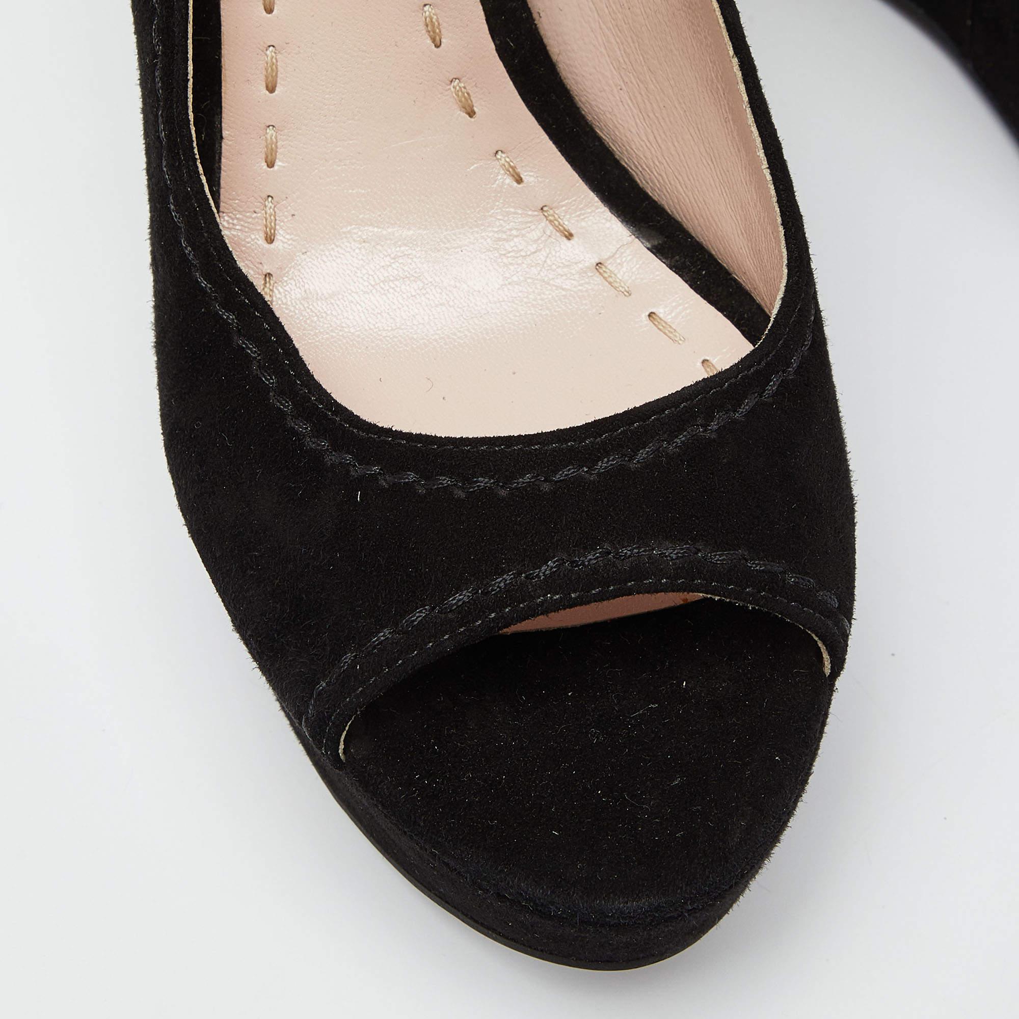 Miu Miu Noir Suede Peep Toe Ankle Strap Wedges Size 38 4